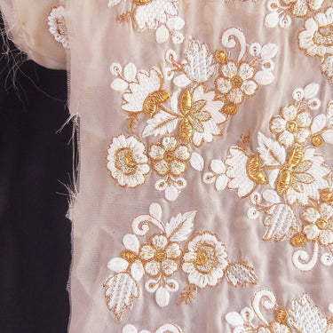 Beige Lace With Floral Embroidery In Off White And Bronze Work, Embroidered Trim, 1 Yard Trim